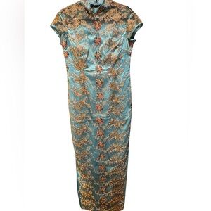Aqua Dress Embroidered with Gold and Red Accents